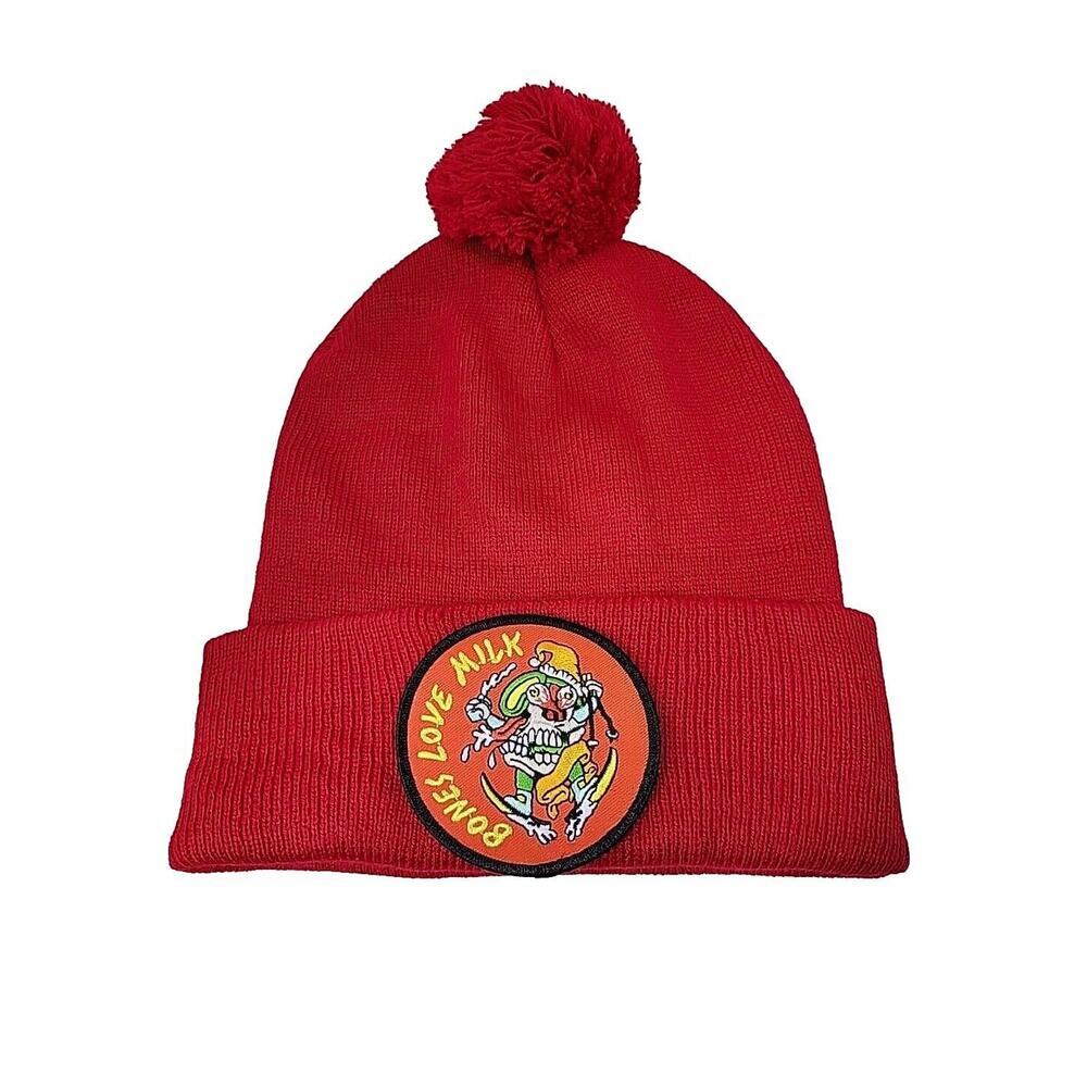 Bones Love Milk Promo Winter Pom Knit Hat Skateboard Ski Snowboard Adult Sz Red